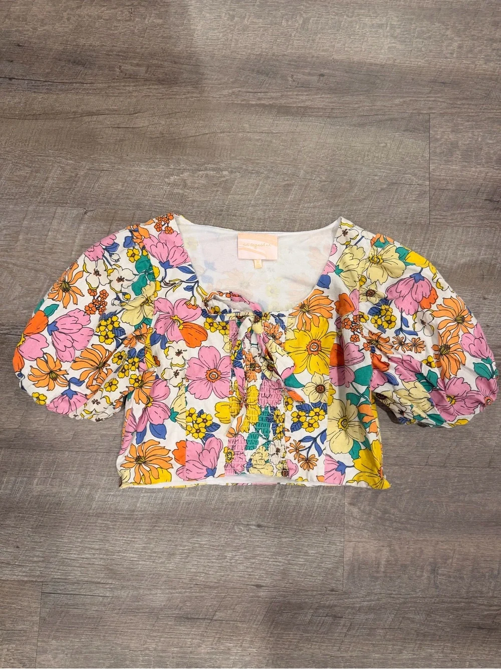 Us Together Floral Boho Crop Top 100% Cotton Puff Sleeve Cottagecore Hippie Sz L